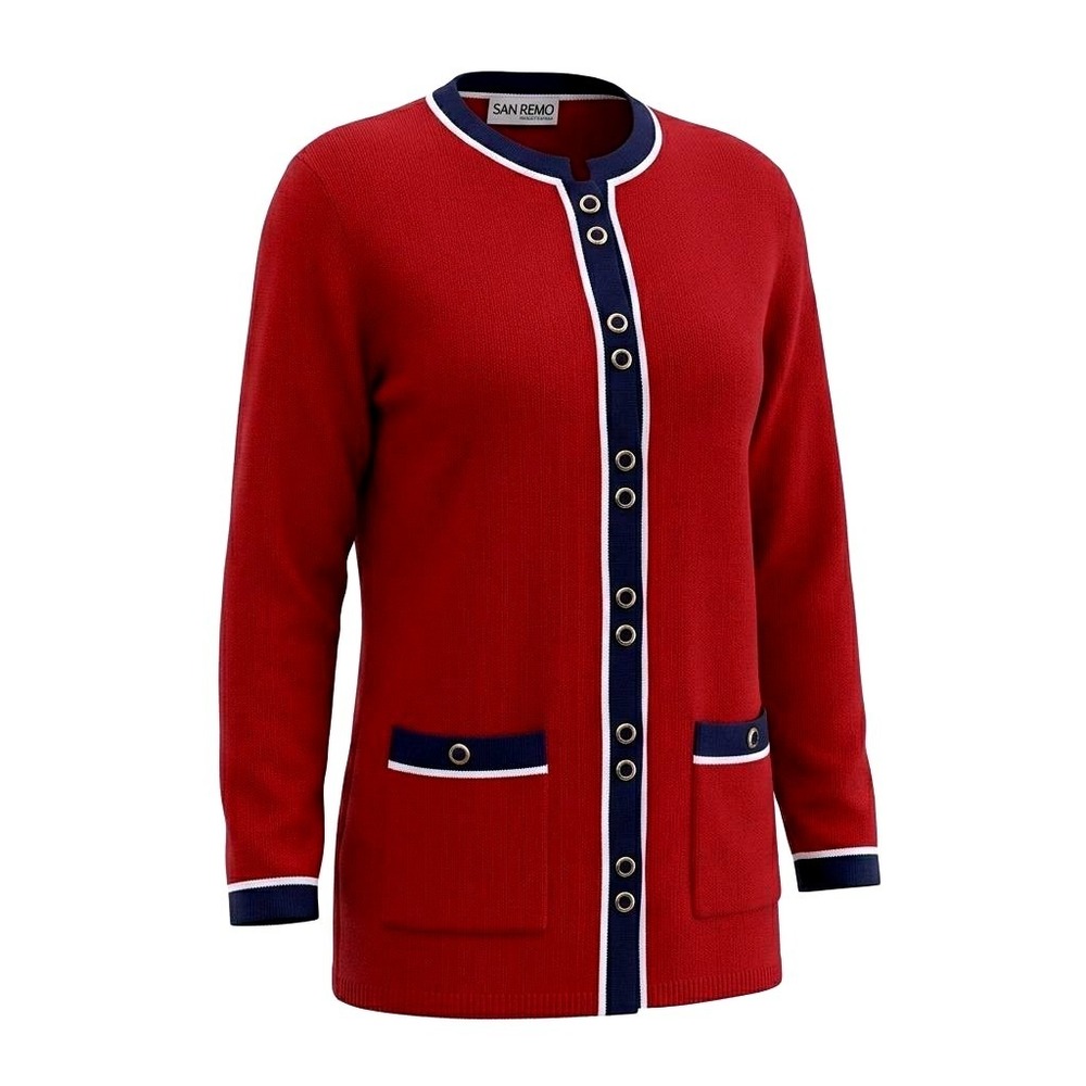 Vintage 80's SAN REMO Red Navy Long Cardigan Sweater Gold Tone Buttons Preppy XL